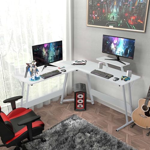 Gaming Desk L Shaped Desk, 50.4” Large Desk Computer Desk with Shelves & Carbon Fiber Desktop, Wood Desk Table Computer Table Writing Desk Work Desk pc desk for Bedroom Office Dorm Small Space, White - color: White