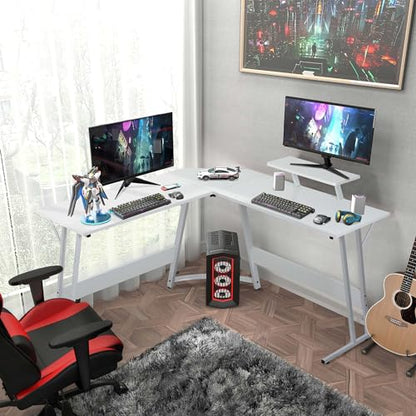Gaming Desk L Shaped Desk, 50.4” Large Desk Computer Desk with Shelves & Carbon Fiber Desktop, Wood Desk Table Computer Table Writing Desk Work Desk pc desk for Bedroom Office Dorm Small Space, White - color: White