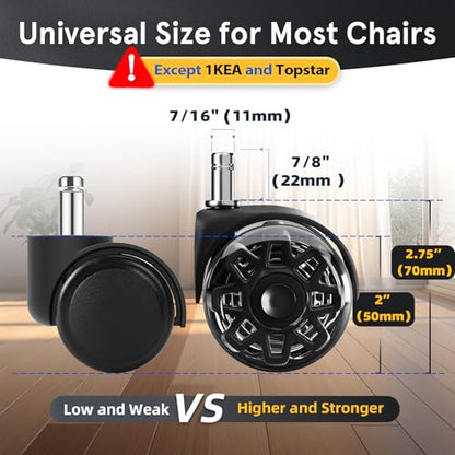 Office Chair Wheels Replacement, 2.5 Inch Heavy Duty Caster Set, for Carpet and Hardwood Floors, Universal Size 11x22mm, Fits 99%, Black - style: 2.5 inch-Black