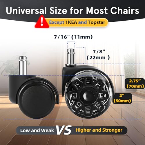 Office Chair Wheels Replacement, 2.5 Inch Heavy Duty Caster Set, for Carpet and Hardwood Floors, Universal Size 11x22mm, Fits 99%, Black - style: 2.5 inch-Black