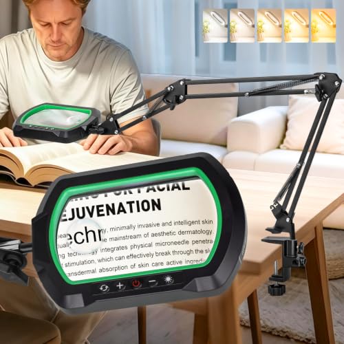 12X 30X Square 3-Section Magnifying Glass with Light and Clamp-Green | 5 Color Mode & Stepless Dimming LED Lamp, Ultra Long Hands-Free Lighted Magnifier for Workbench Reading Craft Hobby Sewing - color: Green, size: 12X 30X