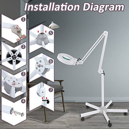 Veemagni Super Bright 2,200 Lumens, 15X Magnifying Glass with Light and Stand, Floor Lamp with 5-Wheel Rolling Base for Facials Lash Estheticians, LED Lighted Magnifier for Eyelash Extensions Reading