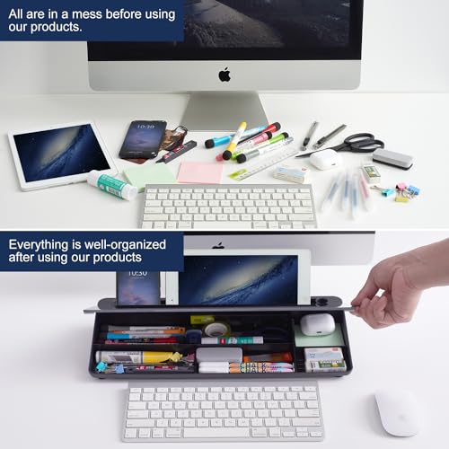 TSJ OFFICE Desktop Whiteboard Dry-Erase-Board - Computer Keyboard Stand White Board Surface Pad with Drawer, Desk Organizers with Accessories for Office, Home, School Supplies - Complete Black - color: Black Base/Glass