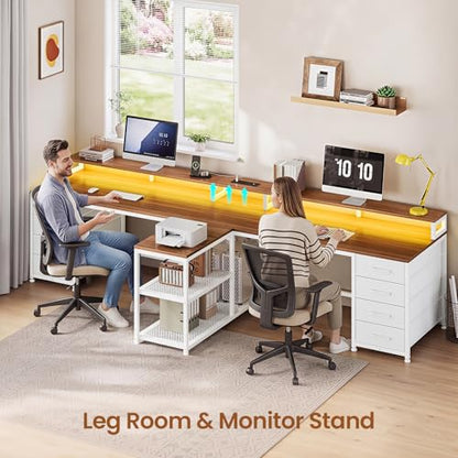 SEDETA 95" 2 Person Gaming Desk with 8 Drawers Storage Shelves, Brown+White | Double T Shaped Office Desk with LED Lights, Power Strip with USB & Monitor Stand for Home Office, Bedroom - color: Brown+white
