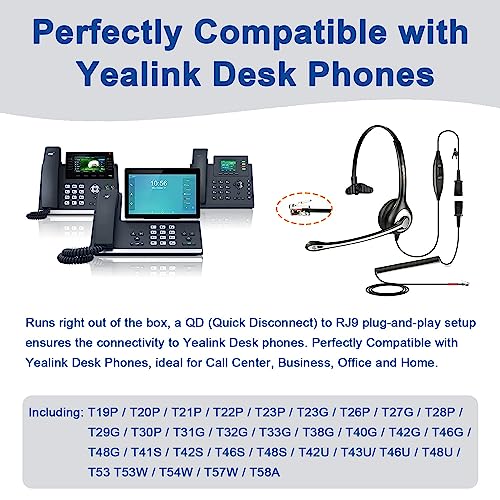 Wantek Yealink Phone Headset with Quick Disconnect Cord, RJ9 Office Telephone Headsets with Mic Noise Cancelling Compatible with Yealink VoIP Phone T21P T42S T46S T48S T27G T53W T54W Grandstream Snom