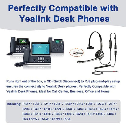 Wantek Yealink Phone Headset with Quick Disconnect Cord, RJ9 Office Telephone Headsets with Mic Noise Cancelling Compatible with Yealink VoIP Phone T21P T42S T46S T48S T27G T53W T54W Grandstream Snom