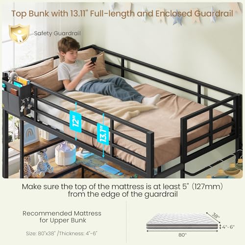DICTAC Bunk Bed with L-Shaped Desk,5 Storage Drawers and 2 Shelves Metal Twin XL Over Twin Bunk Bed with LED Lights and Charging Station,bunk Beds with Safety Guardrail & Ladder,Space-Saving,Black - color: Black, size: Twin XL Over Twin