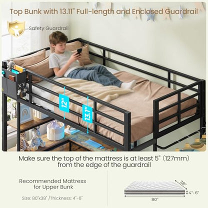 DICTAC Bunk Bed with L-Shaped Desk,5 Storage Drawers and 2 Shelves Metal Twin XL Over Twin Bunk Bed with LED Lights and Charging Station,bunk Beds with Safety Guardrail & Ladder,Space-Saving,Black - color: Black, size: Twin XL Over Twin