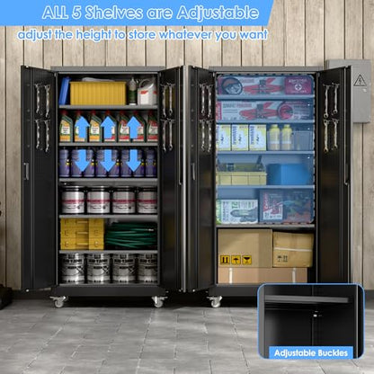 Aobabo Black Metal Garage Storage Cabinet with Wheels, 34"W x 18"D x 71"H - color: Black, size: 18"D x 34"W x 71"H