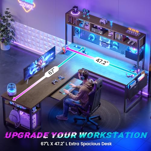 SEDETA L Shaped Gaming Desk with LED Lights and Pegboard for Home Office | Reversible 94.5" Computer Desk with Power Outlet, Keyboard Tray, Storage Shelves and Headphone Hook, Walnut Brown - color: Walnut With Power Outlet and Pegboard
