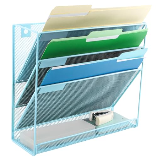EASEPRES Desk File Organizer Mesh 4-Tier, Hanging Wall Mount Document Organization Stand, Desktop Vertical Mail Paper Folder Holder Rack with Bottom Tray for Office Home Cubicle Countertop, Blue - color: Blue, size: 4 Tier