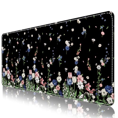 DINKY Leather Desk Protector Mouse Pad, Large Keyboard Mat, Non-Slip PVC Leather Blotter, Black Laptop Pad, Waterproof Writing Pad for Office Home 35.4" x 15.7", Flower Rain - color: Black Flower Rain