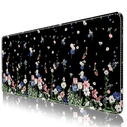 DINKY Leather Desk Protector Mouse Pad, Large Keyboard Mat, Non-Slip PVC Leather Blotter, Black Laptop Pad, Waterproof Writing Pad for Office Home 35.4" x 15.7", Flower Rain - color: Black Flower Rain
