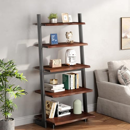IBF 5-Tier Solid Wood Ladder Bookshelf with Natural Live Edge | Rustic Walnut Storage & Display Leaning Bookcase, Modern Space-Saving Shelf for Living Room, Bedroom, Home Office - size: 5 Tier