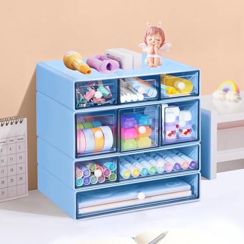 Desk Storage Organizer with 9 Drawers, 4 Tiers Stackable Desktop Craft Storage Drawers, Clear Storage Box Caddy for Stationary Makeup Jewelry Office Craft Supplies (Blue) - color: Blue
