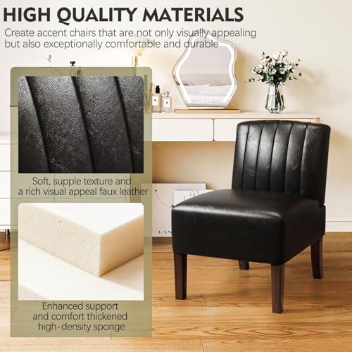 VIRRMO Armless Accent Chairs Set of 2 Upholstered Dining Chairs Living Room Chairs with Solid Wood Legs Bedroom Chair Leather Reading Chair Comfy Chair for Bedroom Vanity Kitchen (Black) - color: Leather-black