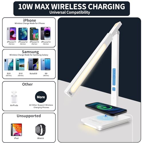 10 in 1 Smart Desk Lamp Led, Desk Light for Colleage Drom Room Office, Eye-Caring Table Lamp with Night Light, Lamp for Desk with 10W Wireless Charger, Dimmable Touch Lamp, Birthday Gifts for Women - color: White-Pro