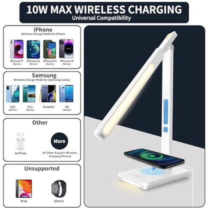 10 in 1 Smart Desk Lamp Led, Desk Light for Colleage Drom Room Office, Eye-Caring Table Lamp with Night Light, Lamp for Desk with 10W Wireless Charger, Dimmable Touch Lamp, Birthday Gifts for Women - color: White-Pro