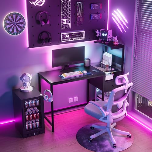 Computer Desk with Power Outlet and USB Charging Station, Space-Saving Study Writing Table with Storage Shelves, PC Laptop Workstation for Home Office Bedroom (Black) - color: Black