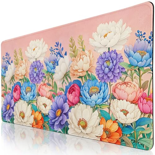 Desk Pad Peony Flowers, Desk Matt for Desktop Women Girls Floral Gaming Mouse pad Extend XXL Large Anti-Slip with Stitched Edges Waterproof Computer Laptop Keyboard Mat for Gaming, Home, Work, Office - color: Peony Flowers, size: 31.5L x 15.7W inches
