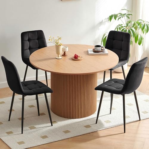 Homedot 5-Piece Round Kitchen Table Set for 4, Mid Century Modern Dining Table Set, Oak Wooden Dinner Dinette Table Set with Upholstered Velvet Dining Side Chairs for Dinining Room Kitchen Apartment - color: Black, size: 1* Oak Color Table+4*Chair