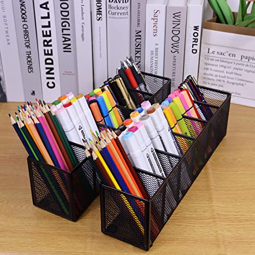 2PCS Black Mesh Pen Pencil Holder, Small Metal Desk Organizer Desktop Stationery Office Supplies Acessories Storage Stand, 5 Compartments Brushes Holder for Home School Classroom Teachers - size: 2pcs 5 Grids
