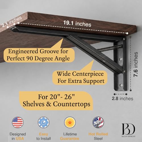 Balin Designs Folding Shelf Brackets 20 Inch Heavy Duty, Set of 2, 500 lbs, Collapsible Bracket with Locking Hinge for Fold Down Table, Wall Mounted Desk, Workbench, Laundry Room – Space Saving