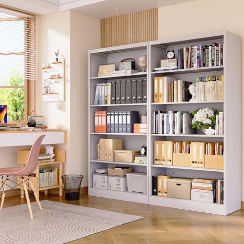 White 5-Tier 14" Deep Metal Bookshelf 66" Tall, Sturdy for Home Office | Adjustable Bookcase, Holds 160 Books, Long-Lasting, Anti-Tip Design, Easy Assembly, Fits Bedroom, Living Room, School - color: White, size: 66"Hx33"Wx14"D