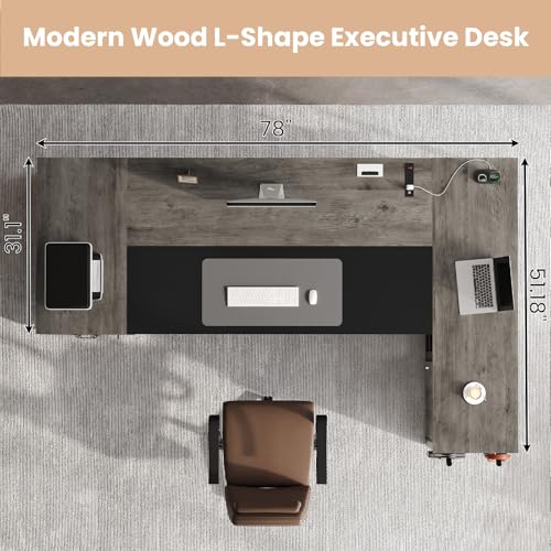 78" Executive Desk with Lockable File Cabinet, L Shaped Office Desk with Power Outlets, Large Executive Desk with Drawers and Storage Shelves , Reversible Computer Desk with Privacy Screen, Grey - color: Grey