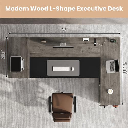 78" Executive Desk with Lockable File Cabinet, L Shaped Office Desk with Power Outlets, Large Executive Desk with Drawers and Storage Shelves , Reversible Computer Desk with Privacy Screen, Grey - color: Grey