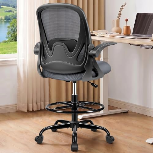 Drafting Chair Tall Office Chair with Flip-up Armrests, Adjustable Height, Enhanced Lumbar Support Ergonomic Rolling Stool, Back Support, Adjustable Foot Rest Ring for Standing Desk Dark Gray - color: Dark Gray, size: 934W-Z