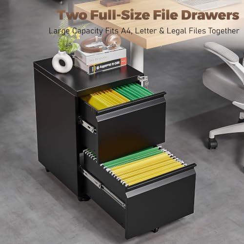 Approgreent 2 Drawer Metal File Cabinet, Fully Assembled Locking Filing Cabinet with Anti-Tipping Wheels, Quiet Slide, Heavy-Duty Steel Construction, Fits A4 Letter Legal for Home Office, Matte Black - color: 04-b Black