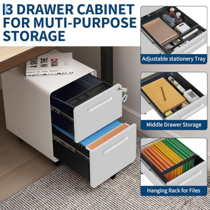 Garvee Mobile File Cabinet with Lock, 2 Drawer File Cabinet with Lock | 2 Drawer Under Desk Metal Rolling Filing Cabinets for Home Office Legal/Letter File Folders, Fully Assembled - color: White Color