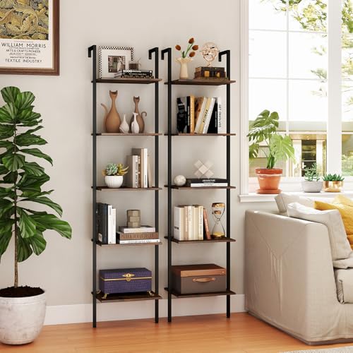 GIANTEX 5 Tier Ladder Shelf, Wall Mount Bookshelf with Anti-Tipping Kits & Metal Frame, Industrial Decorative Bookcase, Vertical Open Storage Display Shelf for Living Room Bedroom Home Office (1)