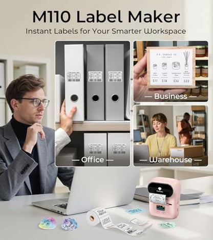 Thermal Label Maker - M110 Portable Bluetooth Barcode Label Printer | Labeler Maker Machine for for Small Business, Address, Logo, Clothing, Mailing, with 40x30mm Label, Pink - color: Pink