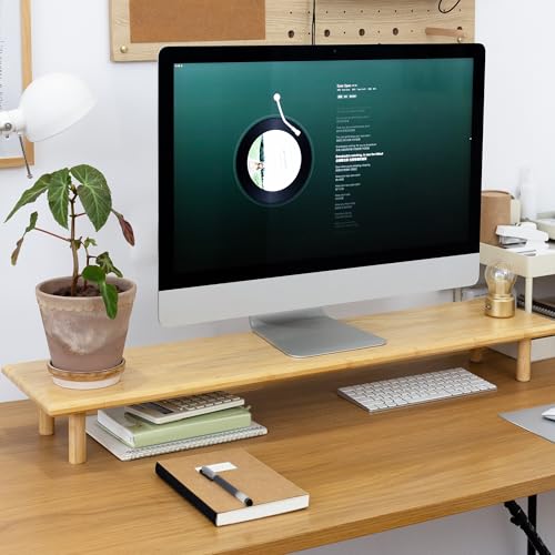 Bamboo Dual Monitor Stand Riser, Natural Desk Shelf with Storage | 39.37-Inch Wide, 3.5-Inch Clearance, Fits Keyboards, Soundbars and Two 24-Inch Monitors for Home Office - color: Natural