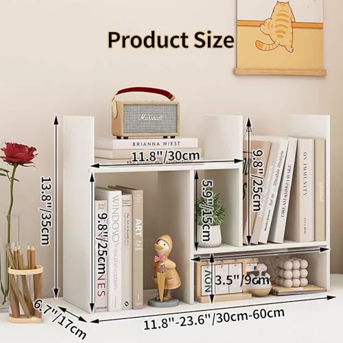 Desktop Shelf Organizer, Adjustable Wood Office Storage Rack, Counter Display Small Bookshelf for Home/Office/School(White) - color: White