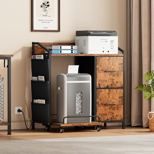 Printer Stand with Fabric Drawers, Lateral Office Filing Cabinets with Power outlets & USB Charging Port, File Cabinet with Large Printer Stands for Home Office, Shredder Stand (Rustic Brown) - color: Rustic Brown