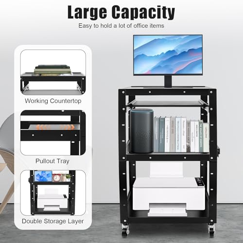 AV Cart with Wheels and Power, Mobile Computer Cart Workstation | 4 Tier Storage, Locking Wheels, Power Outlet & USB Ports,Steel Utility Cart for Office Classroom Warehouse - size: 24x18x42in
