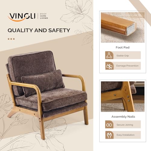 VINGLI Chenille Mid-Century Modern Accent Chair Set of 2, Cute Reading Arm Chair with Cushion & Lumbar Pillow & Solid Wood Frame for Lounge, Living Room, Reading Room, Bedroom, Espresso - color: Espresso