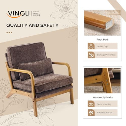 VINGLI Chenille Mid-Century Modern Accent Chair Set of 2, Cute Reading Arm Chair with Cushion & Lumbar Pillow & Solid Wood Frame for Lounge, Living Room, Reading Room, Bedroom, Espresso - color: Espresso