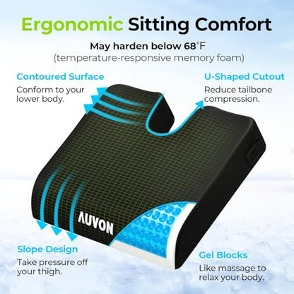 AUVON Gel Wheelchair Seat Cushion with Waterproof Cover for Pressure Sore & Ulcer, Ergonomic Chair Cushion with U-Cutout for Tailbone Pain, Back Pain Relief, Memory Foam Wheelchair Cushion, Anti-Slip | Ergonomic Chair Cushion with U-Cutout for Tailbone, B