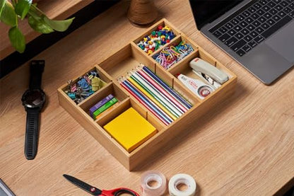 Umilife Bamboo Desk Drawer Organizer, Wood Junk Organizer Tray with Adjustable Dividers, Anti-Skip Storage Organization in Office Bathroom Drawer for Vanity, Makeup, 12" x 9" - size: 12"x9"