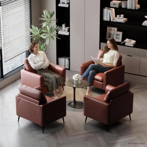 TYBOATLE Accent Chair Set of 2, Brown Leather Accent Chair, Comfy Living Room Chair, Cozy Reading Sitting Chair, Mid Century Modern Accent Chairs, Arm Reception Chairs, Office Furniture - color: Brown