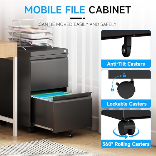 2 Drawer Mobile File Cabinet with Lock, Rolling File Cabinet with Wheels - color: Black, size: 2 Drawer