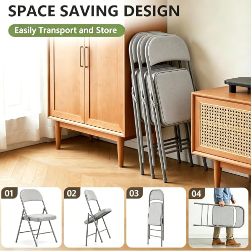 4 Pack Folding Chairs with Padded Cushion and Back, Fabric Dining Chair Set with Steel Frame, Indoor Outdoor Stackable Commercial Seat for Home Office Wedding Parties Banquets Events, Gray - color: Grey