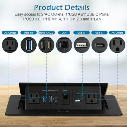 Table Pop Up Outlet, Desktop Pop Up Socket Center Countertop Socket Multimedia Strip Socket Connection Box Countertop with USB 3.0/2×AC/2×HDMI/USB-A/USB-C/LAN for Conference Desk Office (Black-3) - style: Black-3