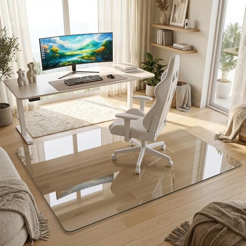 46"x55" Tempered Glass Chair Mat for Hardwood Floor & Carpet | 0.2" Thick Heavy-Duty Tempered Glass With 4 Non-Slip Pads, Smooth Rolling Surface Protects Floors From Scratches And Cracks - size: 46" x 55"