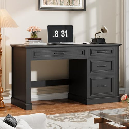 Vabches Farmhouse 47" Workstation Computer Desk with Drawers, Pure Black | Executive Desk with File Drawer and Charging Station for Home Office,Study. - color: Pure Black
