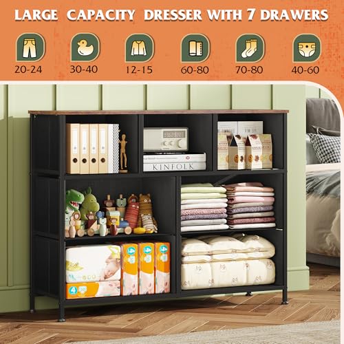 WLIVE 7 Drawer Dresser TV Stand, Entertainment Center, Media Console Table with Metal Frame and Wood Top for TV up to 45 inch, Chest of Drawers for Bedroom, Living Room, Pattern - color: Pattern